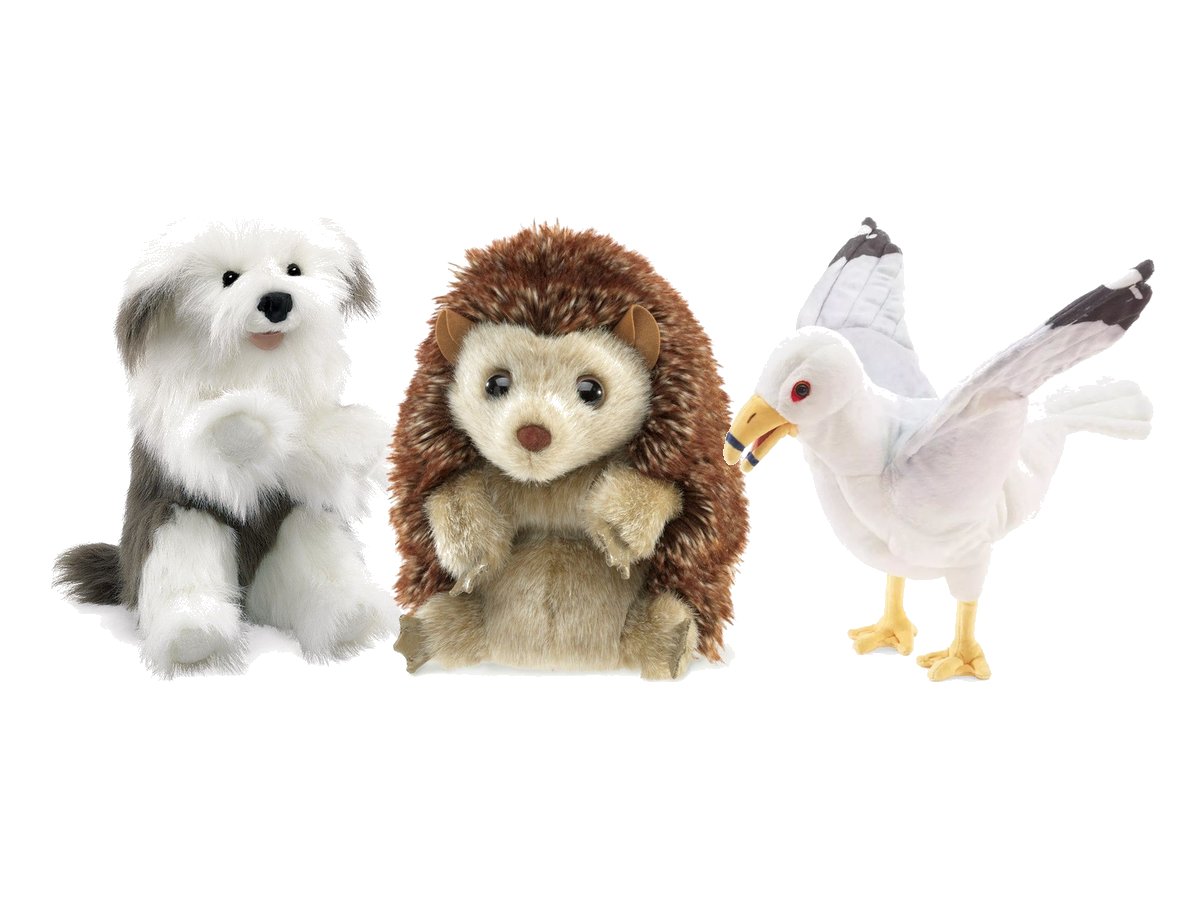 Folkmanis hand puppets: Old English Sheepdog, hedgehog and gull